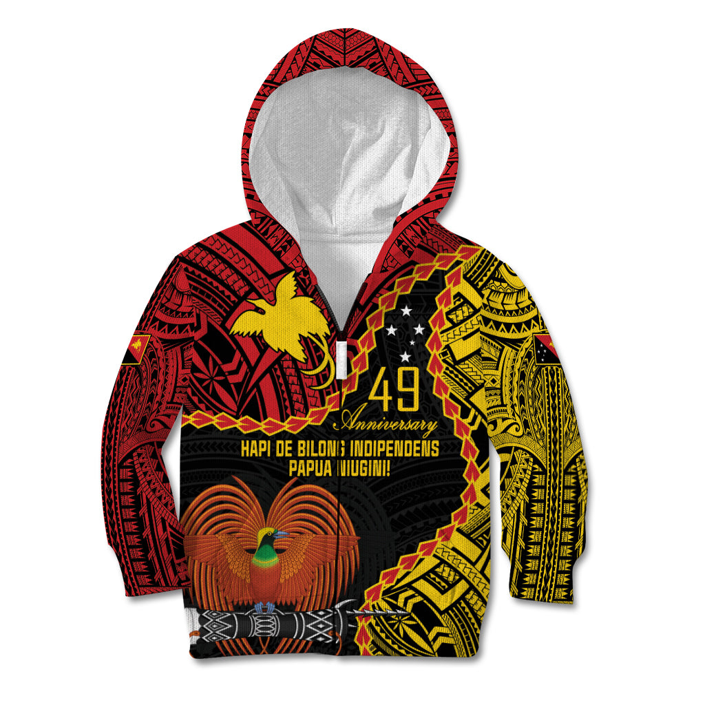 Personalised Papua New Guinea 49th Anniversary Kid Hoodie Hapi De bilong Indipendens Papua Niugini LT9 Zip Hoodie Black - Polynesian Pride