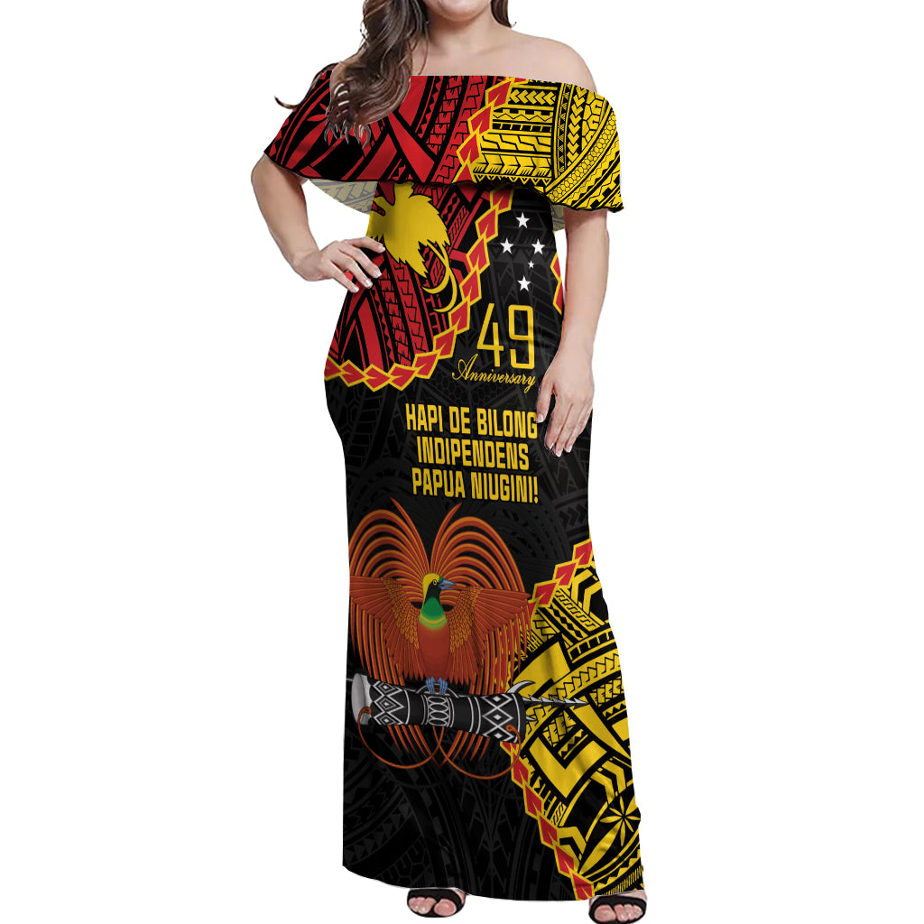Personalised Papua New Guinea 49th Anniversary Off Shoulder Maxi Dress Hapi De bilong Indipendens Papua Niugini LT9 Women Black - Polynesian Pride