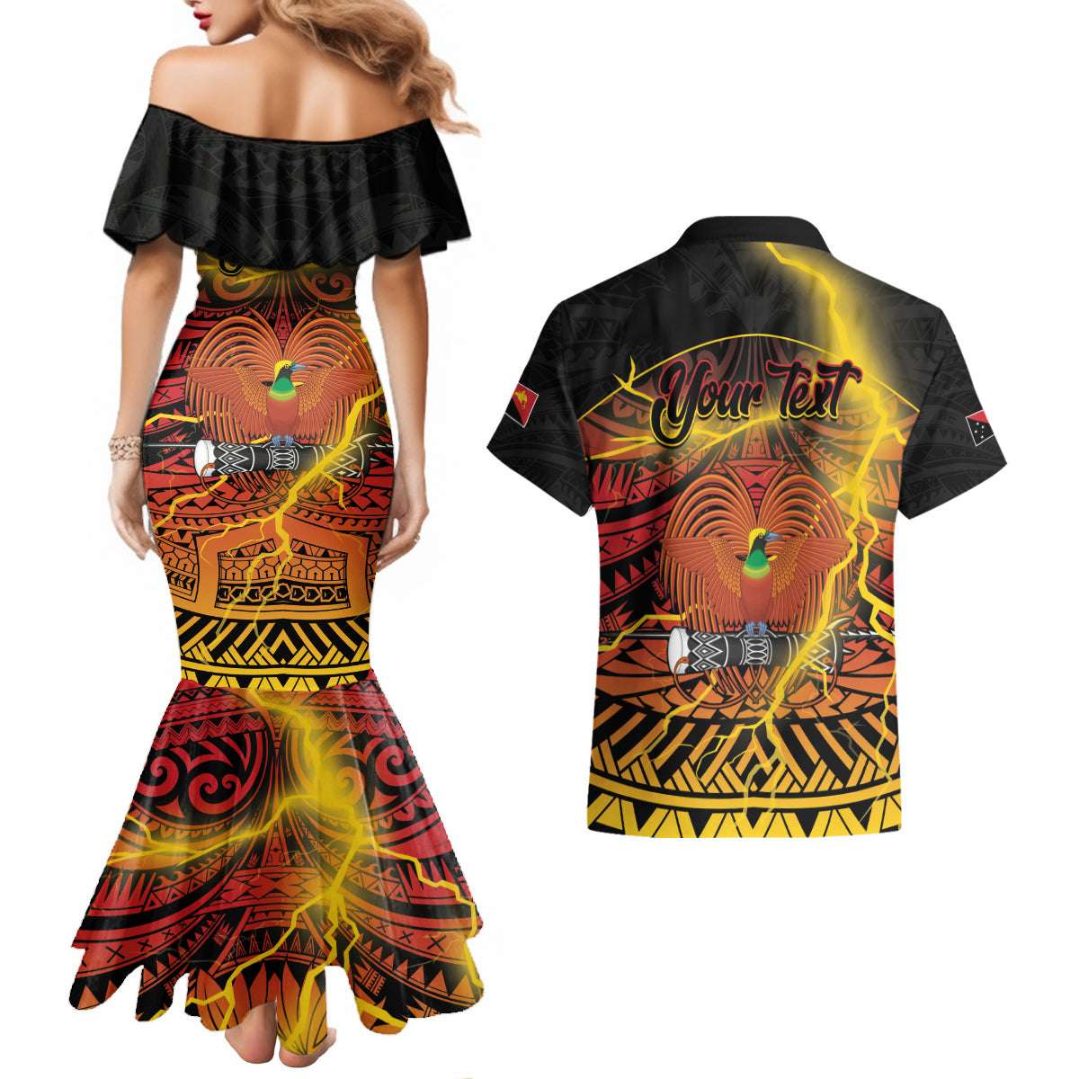 Personalised Papua New Guinea 49th Anniversary Couples Matching Mermaid Dress and Hawaiian Shirt Bird of Paradise Unity In Diversity
