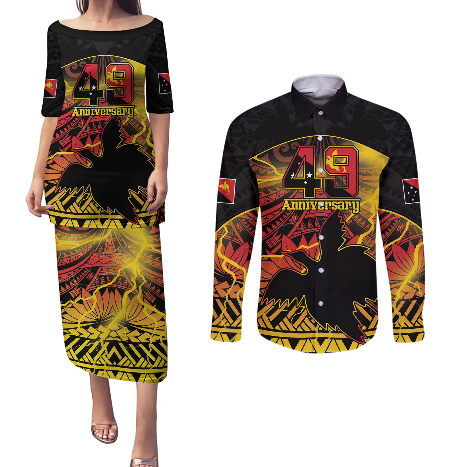 Personalised Papua New Guinea 49th Anniversary Couples Matching Puletasi and Long Sleeve Button Shirt Bird of Paradise Unity In Diversity