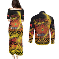 Personalised Papua New Guinea 49th Anniversary Couples Matching Puletasi and Long Sleeve Button Shirt Bird of Paradise Unity In Diversity