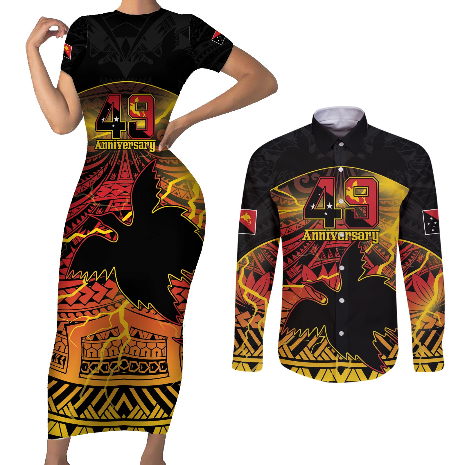 Personalised Papua New Guinea 49th Anniversary Couples Matching Short Sleeve Bodycon Dress and Long Sleeve Button Shirt Bird of Paradise Unity In Diversity