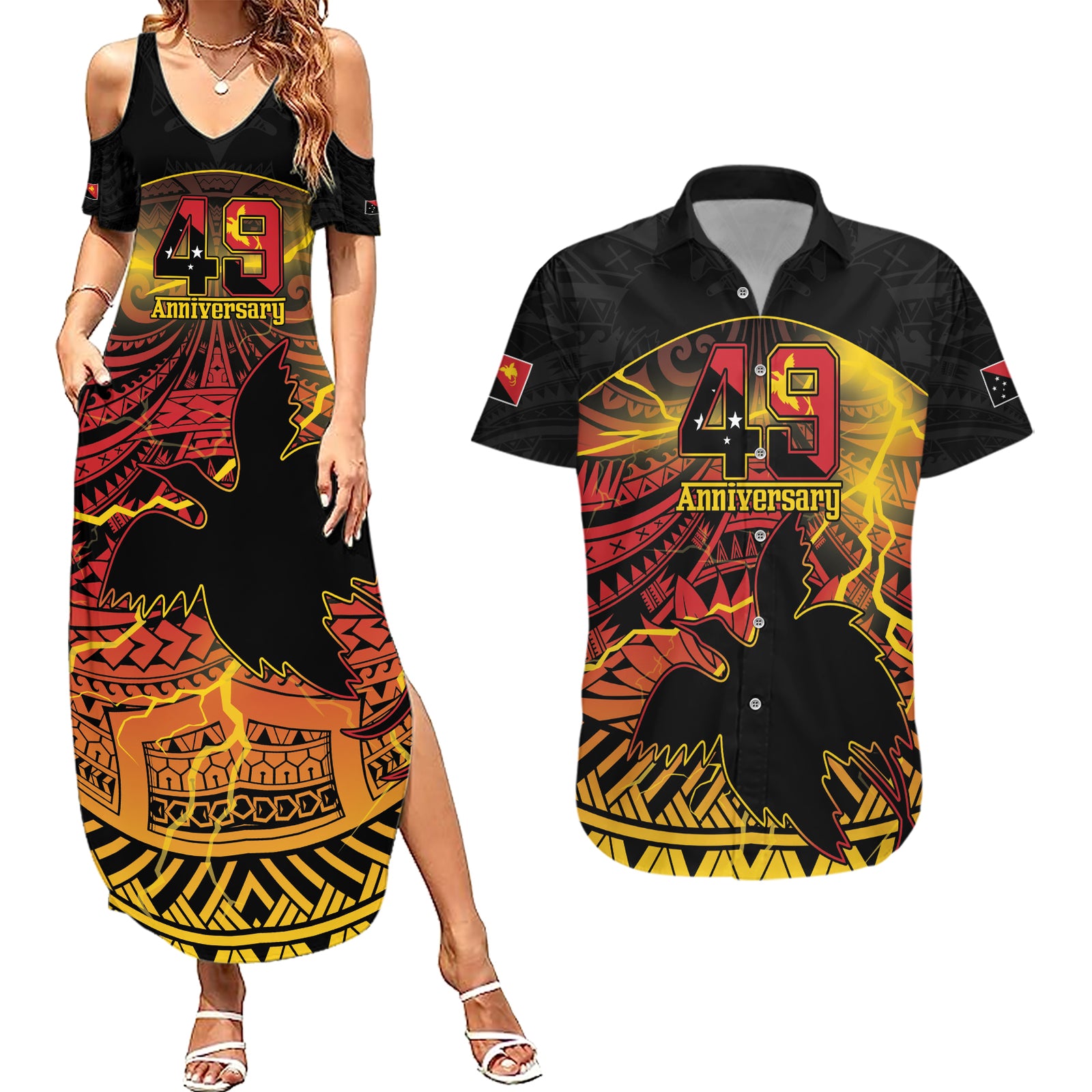 Personalised Papua New Guinea 49th Anniversary Couples Matching Summer Maxi Dress and Hawaiian Shirt Bird of Paradise Unity In Diversity