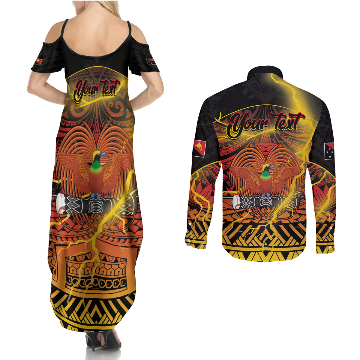 Personalised Papua New Guinea 49th Anniversary Couples Matching Summer Maxi Dress and Long Sleeve Button Shirt Bird of Paradise Unity In Diversity