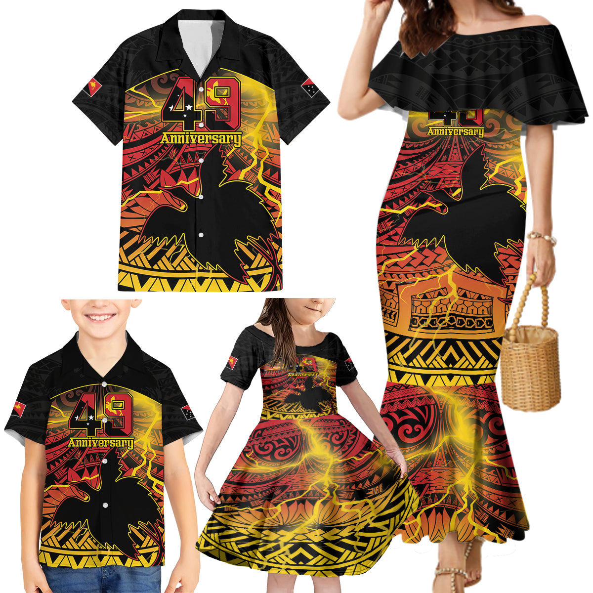 Personalised Papua New Guinea 49th Anniversary Family Matching Mermaid Dress and Hawaiian Shirt Bird of Paradise Unity In Diversity