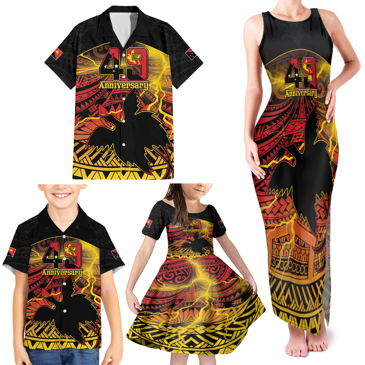 Personalised Papua New Guinea 49th Anniversary Family Matching Tank Maxi Dress and Hawaiian Shirt Bird of Paradise Unity In Diversity