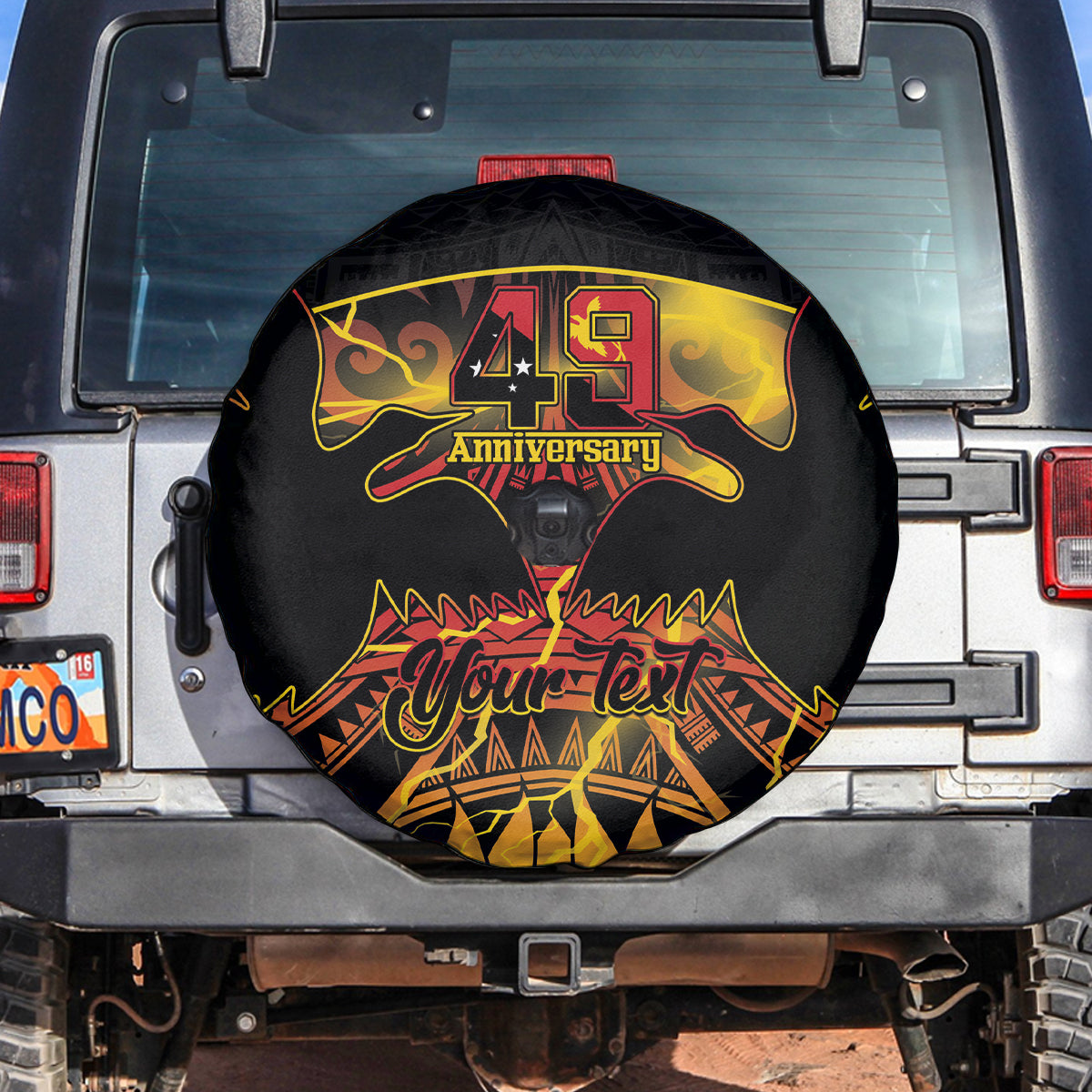 Personalised Papua New Guinea 49th Anniversary Spare Tire Cover Bird of Paradise Unity In Diversity LT9 Black - Polynesian Pride
