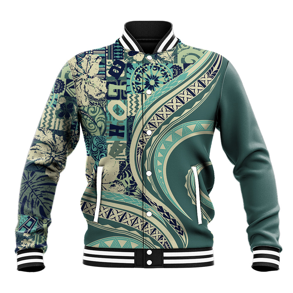 Hawaiian Hibiscus Tribal Vintage Motif Baseball Jacket Ver 1 LT9 Unisex Sea Green - Polynesian Pride