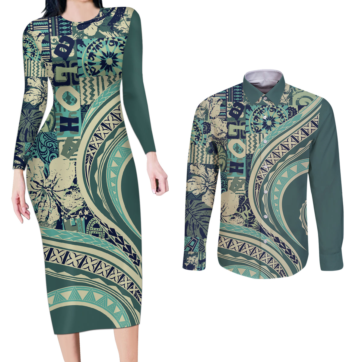 Hawaiian Hibiscus Tribal Vintage Motif Couples Matching Long Sleeve Bodycon Dress and Long Sleeve Button Shirt Ver 1