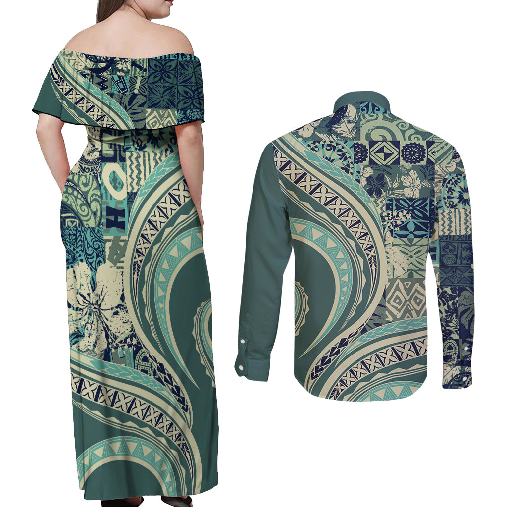 Hawaiian Hibiscus Tribal Vintage Motif Couples Matching Off Shoulder Maxi Dress and Long Sleeve Button Shirt Ver 1