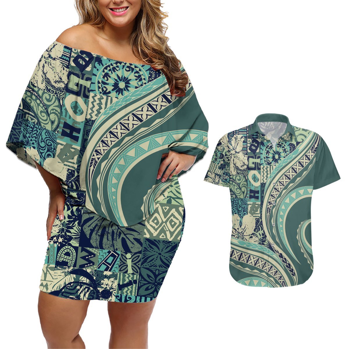 Hawaiian Hibiscus Tribal Vintage Motif Couples Matching Off Shoulder Short Dress and Hawaiian Shirt Ver 1 LT9 Sea Green - Polynesian Pride