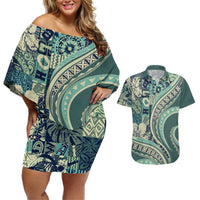Hawaiian Hibiscus Tribal Vintage Motif Couples Matching Off Shoulder Short Dress and Hawaiian Shirt Ver 1 LT9 Sea Green - Polynesian Pride