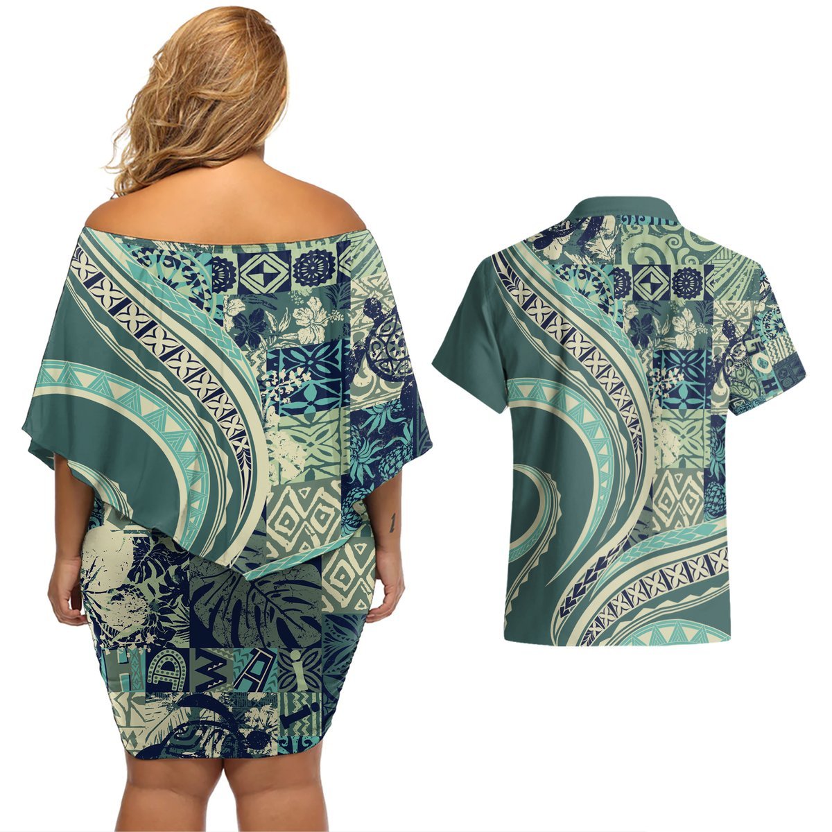 Hawaiian Hibiscus Tribal Vintage Motif Couples Matching Off Shoulder Short Dress and Hawaiian Shirt Ver 1 LT9 - Polynesian Pride