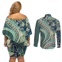 Hawaiian Hibiscus Tribal Vintage Motif Couples Matching Off Shoulder Short Dress and Long Sleeve Button Shirt Ver 1