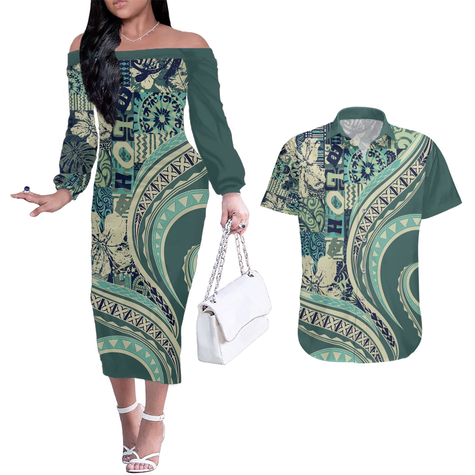 Hawaiian Hibiscus Tribal Vintage Motif Couples Matching Off The Shoulder Long Sleeve Dress and Hawaiian Shirt Ver 1