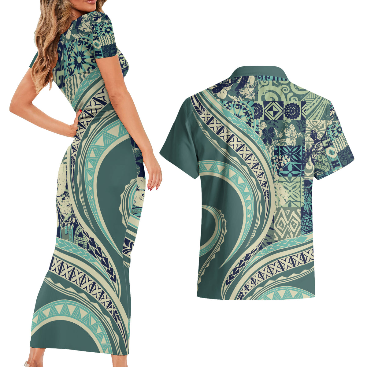 Hawaiian Hibiscus Tribal Vintage Motif Couples Matching Short Sleeve Bodycon Dress and Hawaiian Shirt Ver 1