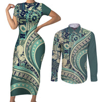 Hawaiian Hibiscus Tribal Vintage Motif Couples Matching Short Sleeve Bodycon Dress and Long Sleeve Button Shirt Ver 1