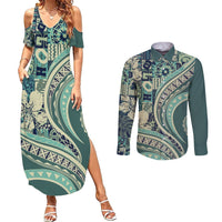 Hawaiian Hibiscus Tribal Vintage Motif Couples Matching Summer Maxi Dress and Long Sleeve Button Shirt Ver 1