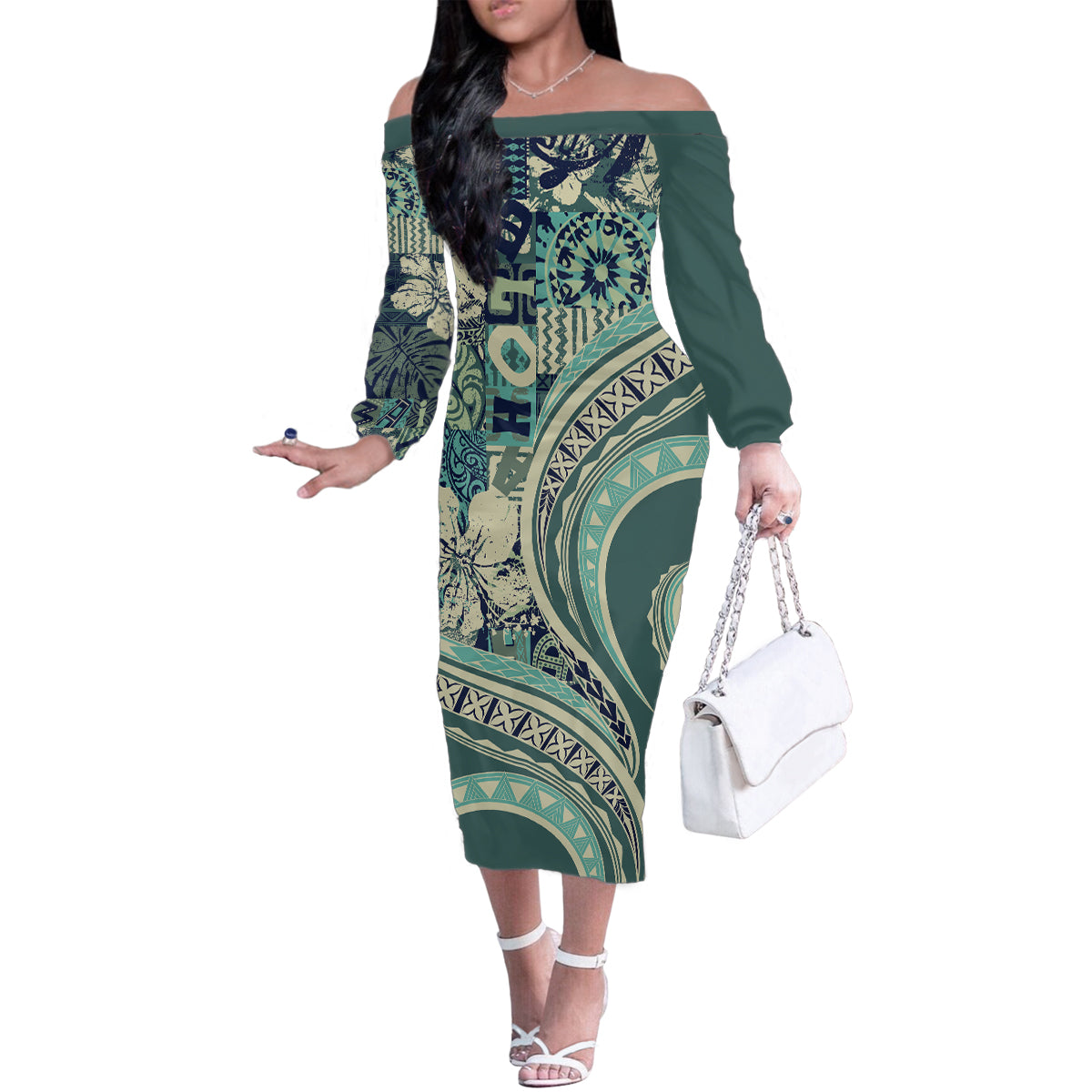 Hawaiian Hibiscus Tribal Vintage Motif Family Matching Off The Shoulder Long Sleeve Dress and Hawaiian Shirt Ver 1