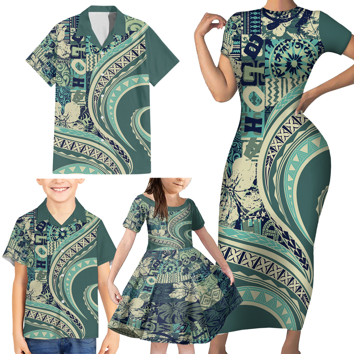 Hawaiian Hibiscus Tribal Vintage Motif Family Matching Short Sleeve Bodycon Dress and Hawaiian Shirt Ver 1