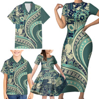 Hawaiian Hibiscus Tribal Vintage Motif Family Matching Short Sleeve Bodycon Dress and Hawaiian Shirt Ver 1