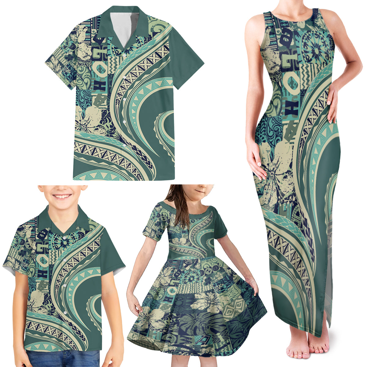 Hawaiian Hibiscus Tribal Vintage Motif Family Matching Tank Maxi Dress and Hawaiian Shirt Ver 1