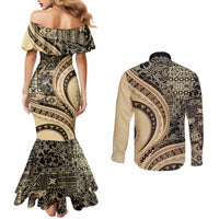 Hawaiian Hibiscus Tribal Vintage Motif Couples Matching Mermaid Dress and Long Sleeve Button Shirt Ver 2