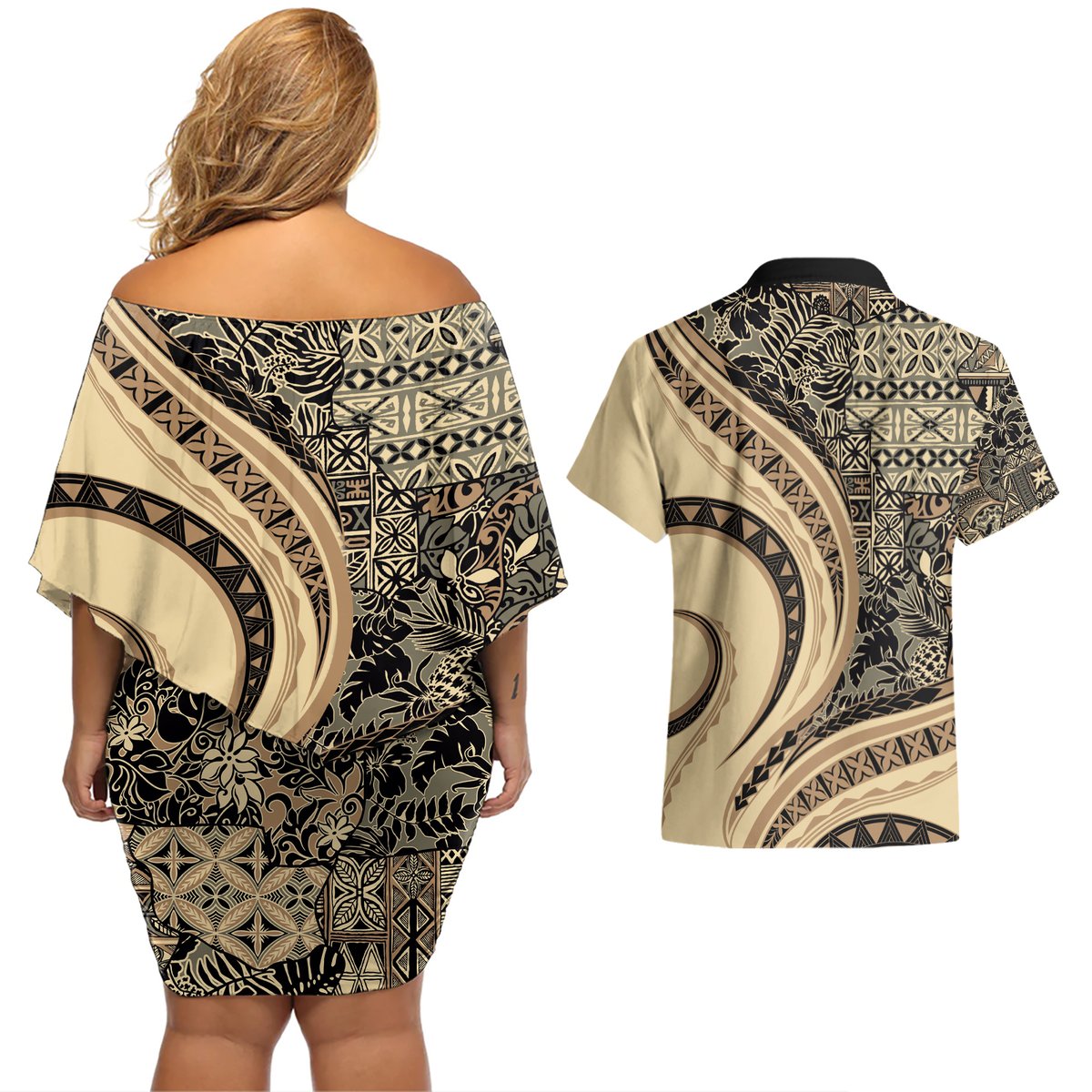 Hawaiian Hibiscus Tribal Vintage Motif Couples Matching Off Shoulder Short Dress and Hawaiian Shirt Ver 2