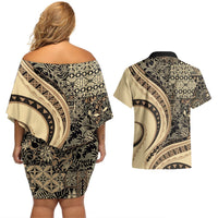 Hawaiian Hibiscus Tribal Vintage Motif Couples Matching Off Shoulder Short Dress and Hawaiian Shirt Ver 2