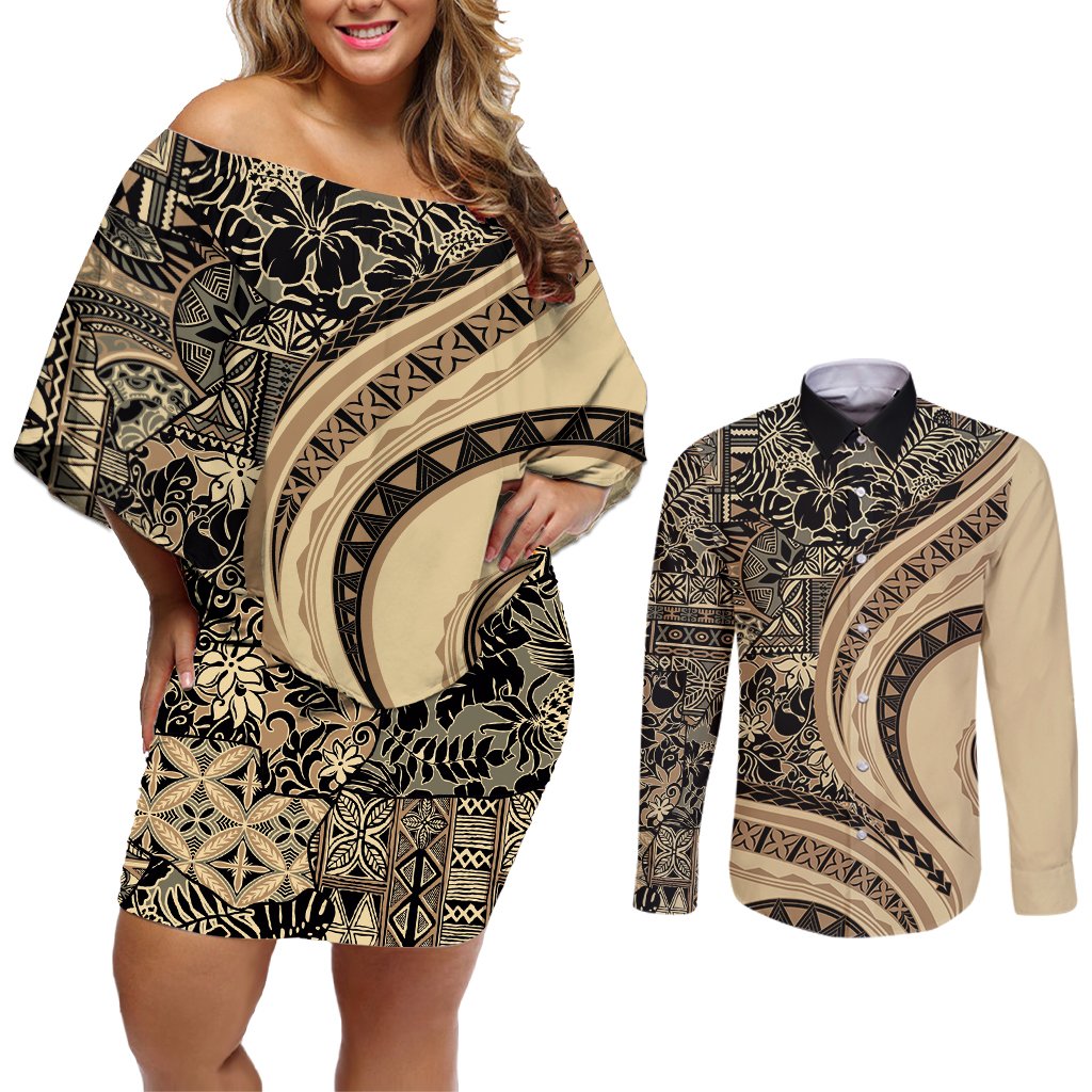 Hawaiian Hibiscus Tribal Vintage Motif Couples Matching Off Shoulder Short Dress and Long Sleeve Button Shirt Ver 2