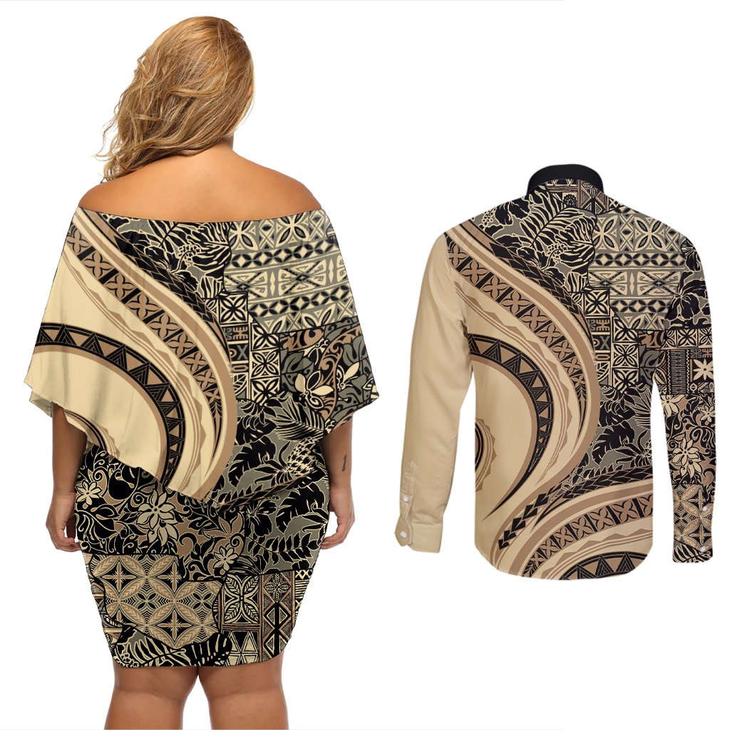 Hawaiian Hibiscus Tribal Vintage Motif Couples Matching Off Shoulder Short Dress and Long Sleeve Button Shirt Ver 2