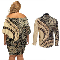Hawaiian Hibiscus Tribal Vintage Motif Couples Matching Off Shoulder Short Dress and Long Sleeve Button Shirt Ver 2