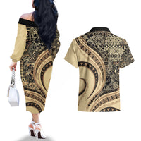 Hawaiian Hibiscus Tribal Vintage Motif Couples Matching Off The Shoulder Long Sleeve Dress and Hawaiian Shirt Ver 2