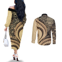 Hawaiian Hibiscus Tribal Vintage Motif Couples Matching Off The Shoulder Long Sleeve Dress and Long Sleeve Button Shirt Ver 2