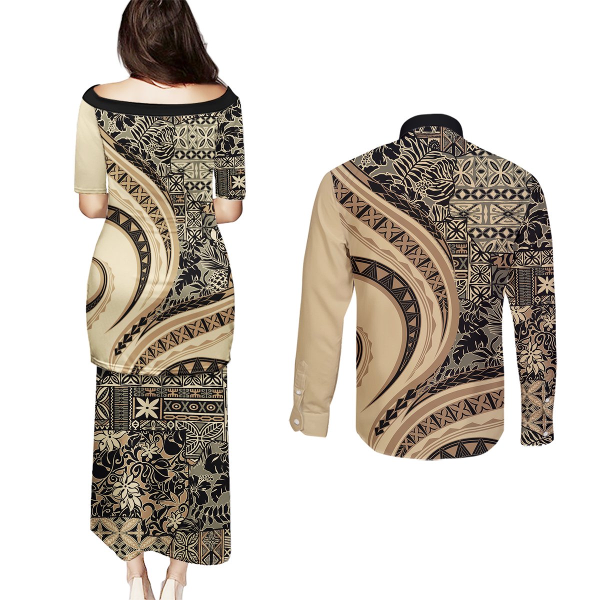 Hawaiian Hibiscus Tribal Vintage Motif Couples Matching Puletasi and Long Sleeve Button Shirt Ver 2