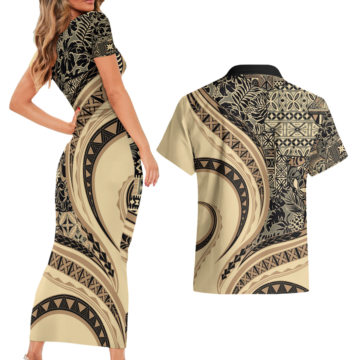 Hawaiian Hibiscus Tribal Vintage Motif Couples Matching Short Sleeve Bodycon Dress and Hawaiian Shirt Ver 2