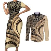 Hawaiian Hibiscus Tribal Vintage Motif Couples Matching Short Sleeve Bodycon Dress and Long Sleeve Button Shirt Ver 2