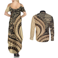 Hawaiian Hibiscus Tribal Vintage Motif Couples Matching Summer Maxi Dress and Long Sleeve Button Shirt Ver 2