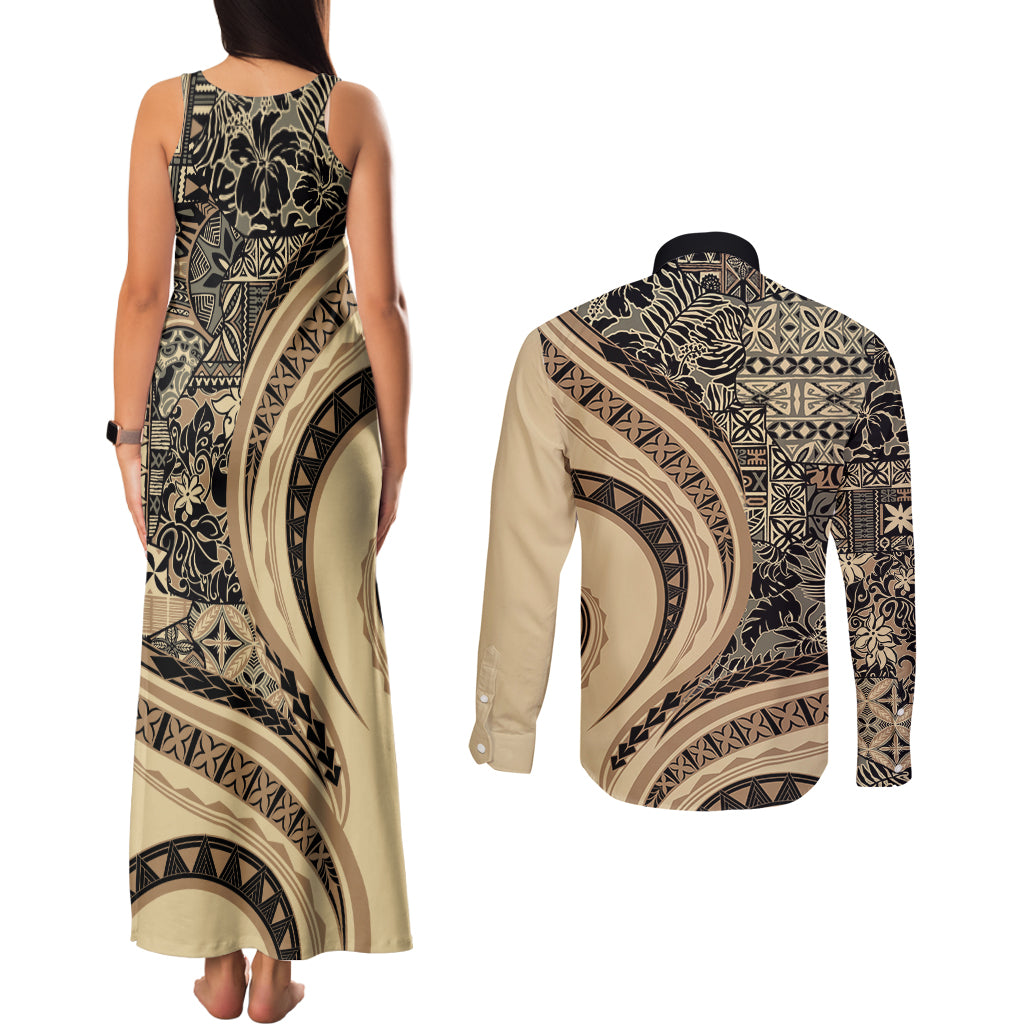 Hawaiian Hibiscus Tribal Vintage Motif Couples Matching Tank Maxi Dress and Long Sleeve Button Shirt Ver 2