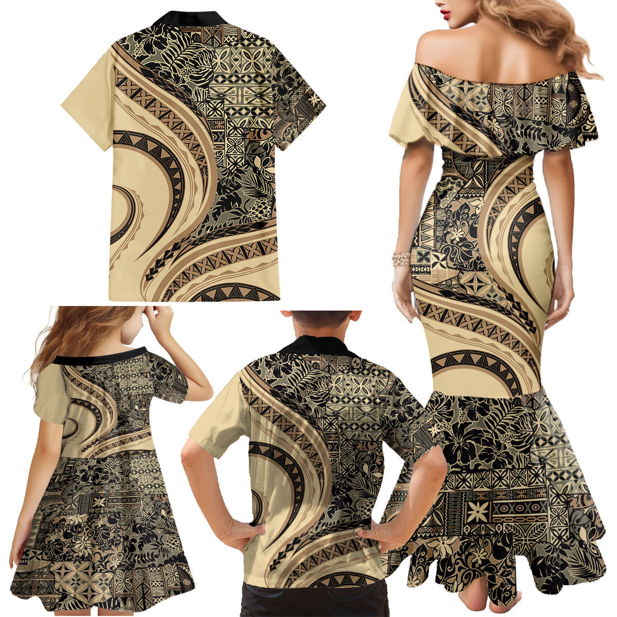 Hawaiian Hibiscus Tribal Vintage Motif Family Matching Mermaid Dress and Hawaiian Shirt Ver 2