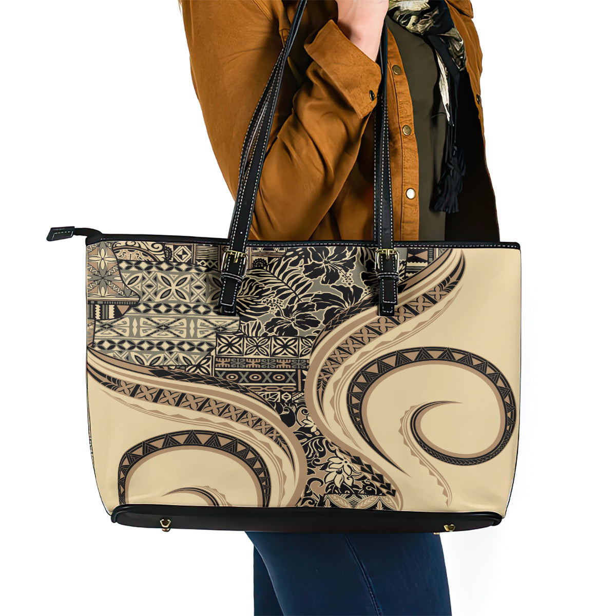 Hawaiian Hibiscus Tribal Vintage Motif Leather Tote Bag Ver 2