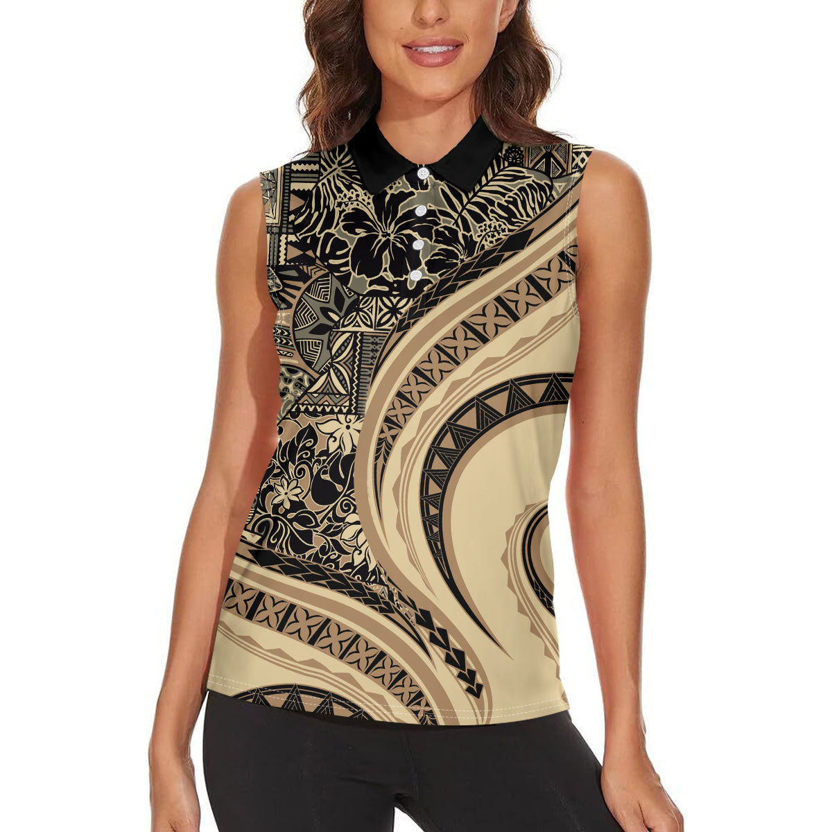 Hawaiian Hibiscus Tribal Vintage Motif Women Sleeveless Polo Shirt Ver 2