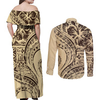 Hawaiian Hibiscus Tribal Vintage Motif Couples Matching Off Shoulder Maxi Dress and Long Sleeve Button Shirt Ver 3