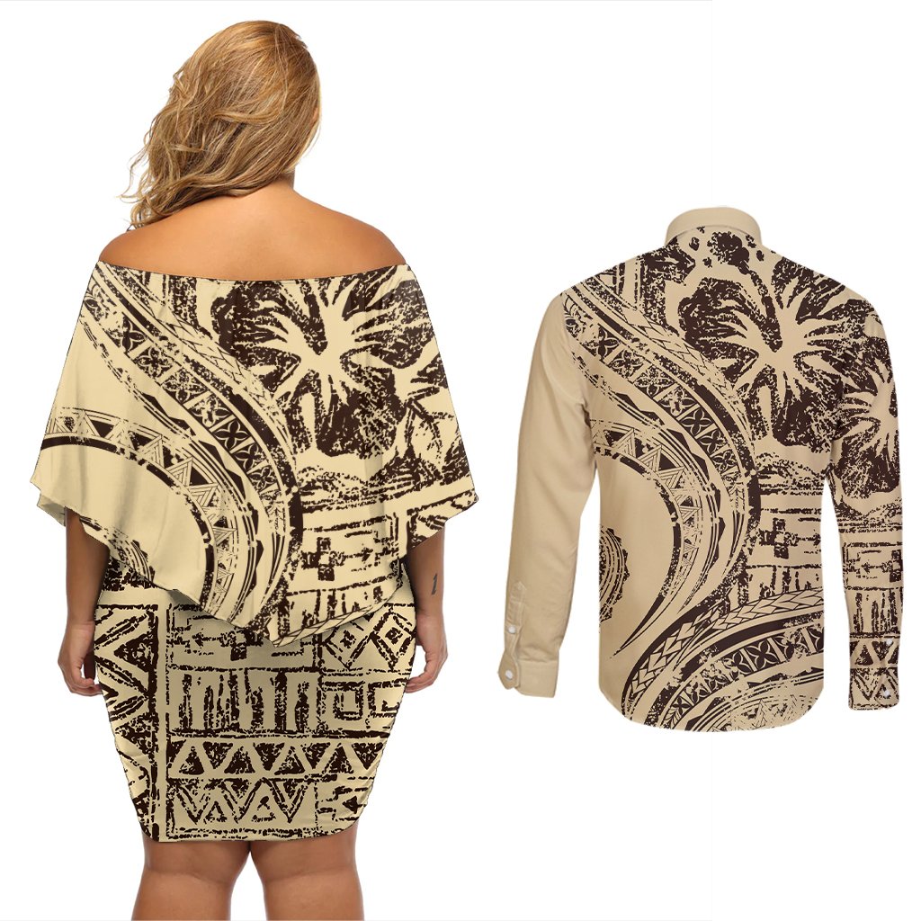Hawaiian Hibiscus Tribal Vintage Motif Couples Matching Off Shoulder Short Dress and Long Sleeve Button Shirt Ver 3