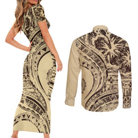 Hawaiian Hibiscus Tribal Vintage Motif Couples Matching Short Sleeve Bodycon Dress and Long Sleeve Button Shirt Ver 3