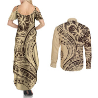 Hawaiian Hibiscus Tribal Vintage Motif Couples Matching Summer Maxi Dress and Long Sleeve Button Shirt Ver 3