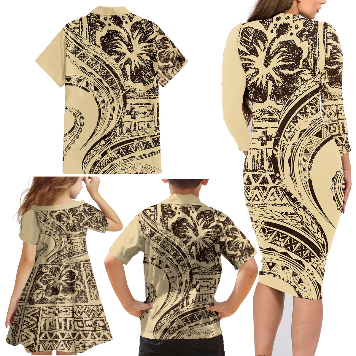Hawaiian Hibiscus Tribal Vintage Motif Family Matching Long Sleeve Bodycon Dress and Hawaiian Shirt Ver 3