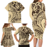 Hawaiian Hibiscus Tribal Vintage Motif Family Matching Long Sleeve Bodycon Dress and Hawaiian Shirt Ver 3