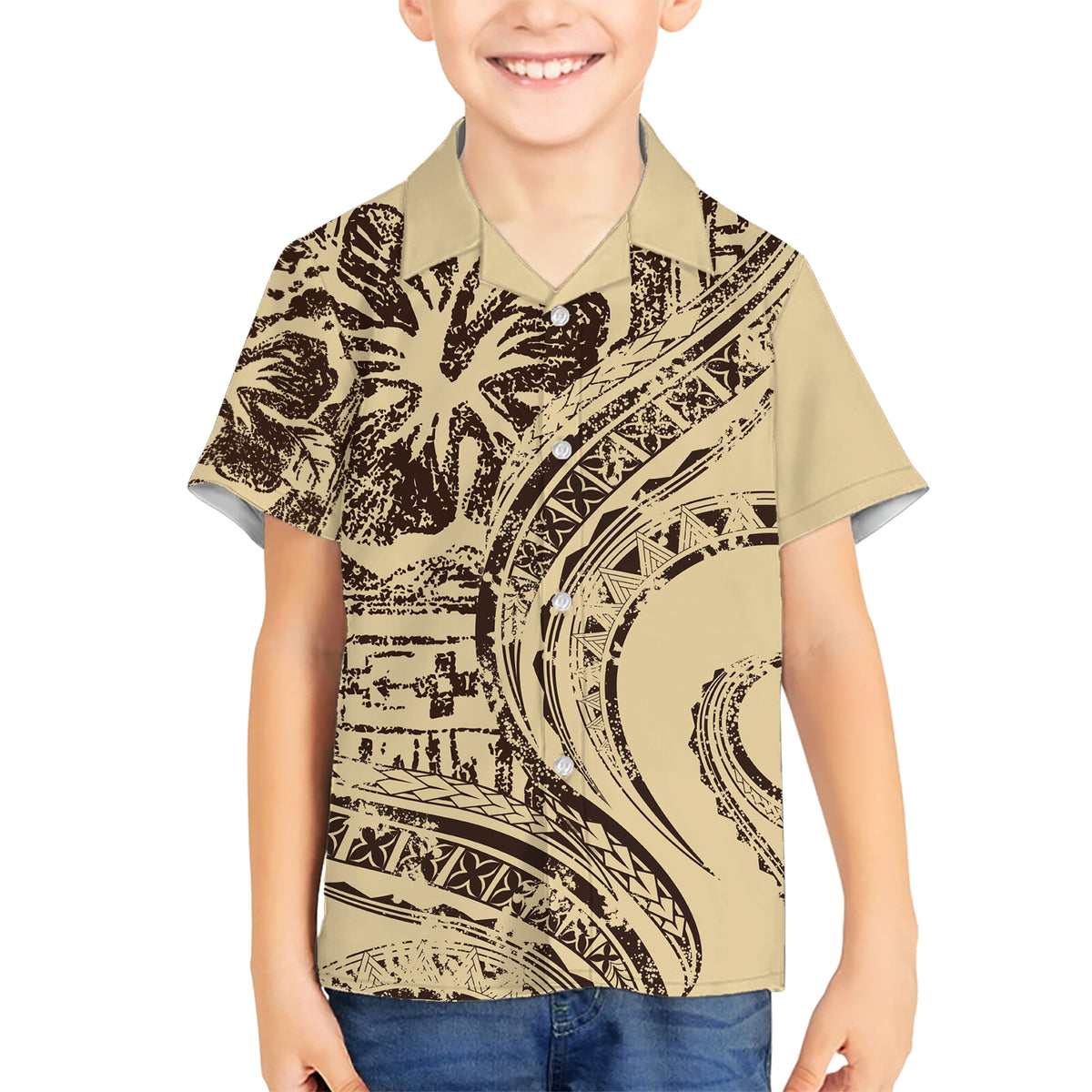 Hawaiian Hibiscus Tribal Vintage Motif Kid Hawaiian Shirt Ver 3 LT9 Kid Beige - Polynesian Pride