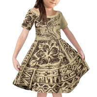 Hawaiian Hibiscus Tribal Vintage Motif Kid Short Sleeve Dress Ver 3 LT9 KID Beige - Polynesian Pride